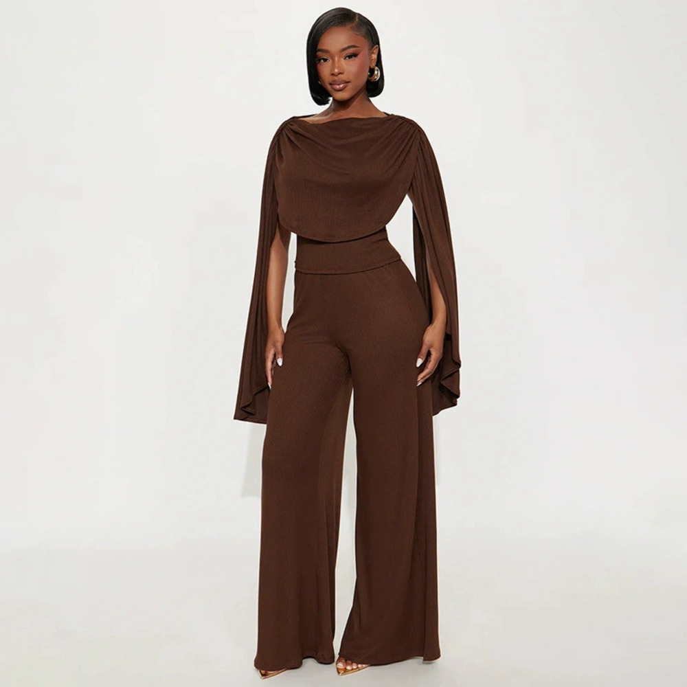 Zara Autumn Ribbon Design Fitted Top Vertical Wide Leg Pants Set